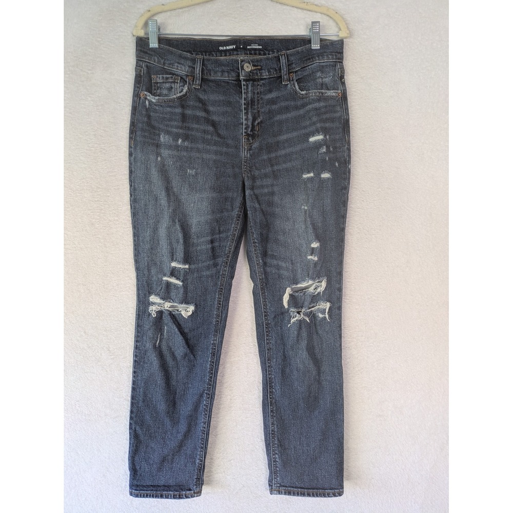 Old Navy Jeans Women's 4 Dark Wash Mid-Rise Boyfriend Distressed Ripped Denim‎